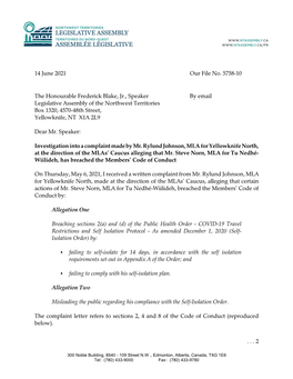 14 June 2021 Our File No. 5758-10 the Honourable Frederick Blake, Jr., Speaker by Email Legislative Assembly of the Northwest Te