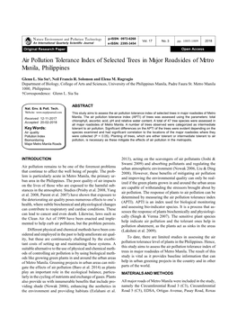 Air Pollution Tolerance Index of Selected Trees in Major Roadsides of Metro Manila, Philippines