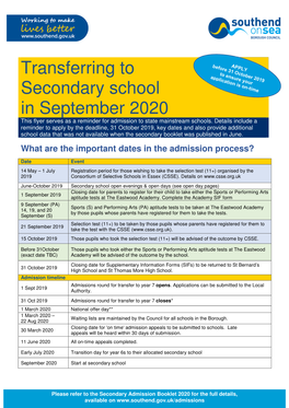 Transferring to Secondary School in September 2020 This Flyer Serves As a Reminder for Admission to State Mainstream Schools