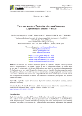 Three New Species of Euphorbia Subgenus Chamaesyce (Euphorbiaceae) Endemic to Brazil