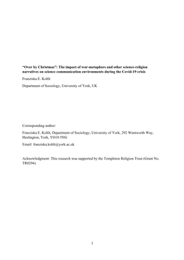 The Impact of War-Metaphors and Other Science-Religion Narratives on Science Communication Environments During the Covid-19 Crisis Franziska E