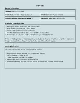 2Nd Grade Learning Outcomes