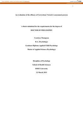 I an Evaluation of the Efficacy of Corrections Victoria's Assessment Process a Thesis Submitted for the Requirements for the D