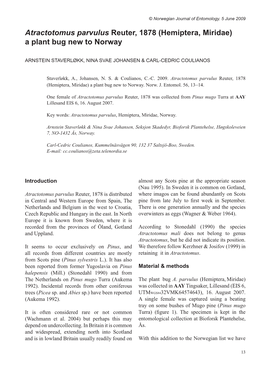 Atractotomus Parvulus Reuter, 1878 (Hemiptera, Miridae) a Plant Bug New to Norway
