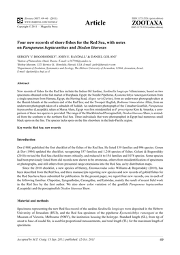 Four New Records of Shore Fishes for the Red Sea, with Notes on Parupeneus Heptacanthus and Diodon Liturosus