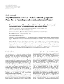 May “Mitochondrial Eve” and Mitochondrial Haplogroups Play a Role in Neurodegeneration and Alzheimer’S Disease?