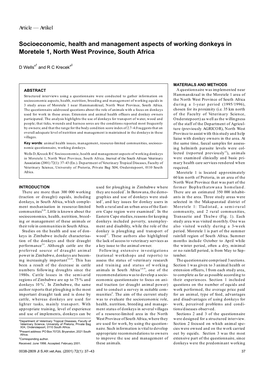 Socioeconomic, Health and Management Aspects of Working Donkeys in Moretele 1, North West Province, South Africa