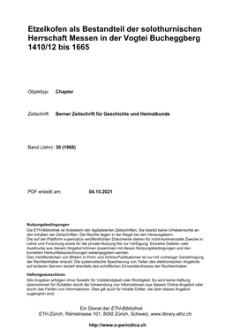 Etzelkofen Als Bestandteil Der Solothurnischen Herrschaft Messen in Der Vogtei Bucheggberg 1410/12 Bis 1665