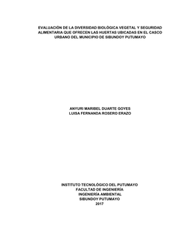 Evaluación De La Diversidad Biológica Vegetal Y Seguridad Alimentaria Que Ofrecen Las Huertas Ubicadas En El Casco Urbano Del Municipio De Sibundoy Putumayo