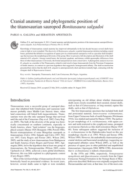 Cranial Anatomy and Phylogenetic Position of the Titanosaurian Sauropod Bonitasaura Salgadoi