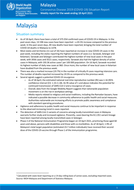 Malaysia Coronavirus Disease 2019 (COVID-19) Situation Report Weekly Report for the Week Ending 18 April 2021