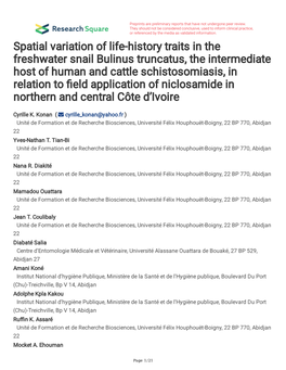 Spatial Variation of Life-History Traits in the Freshwater Snail Bulinus Truncatus, the Intermediate Host of Human and Cattle Sc