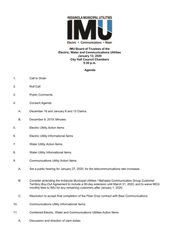 IMU Board of Trustees of the Electric, Water and Communications Utilities January 13, 2020 City Hall Council Chambers 5:30 P.M