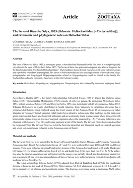 The Larva of Dicterias Selys, 1853 (Odonata: Heliocharitidae [= Dicteriadidae]), and Taxonomic and Phylogenetic Notes on Heliocharitidae