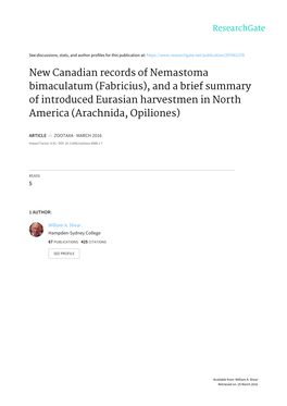 New Canadian Records of Nemastoma Bimaculatum (Fabricius), and a Brief Summary of Introduced Eurasian Harvestmen in North America (Arachnida, Opiliones)