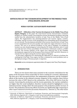 Difficulties of the Tourism Development in the Middle Tisza (Tisa) Region, Hungary