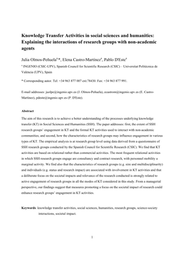 Knowledge Transfer Activities in Social Sciences and Humanities: Explaining the Interactions of Research Groups with Non-Academic Agents