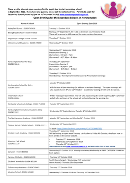 Open Evenings for the Secondary Schools in Northampton