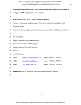1 Investigations on Alunogen Under Mars-Relevant Temperature Conditions: an Example for 2 a Single-Crystal-To-Single-Crystal