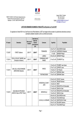 Page 1 LISTE DES DEMANDES SOUMISES a PUBLICITÉ Du 26 Janvier Au 13 Avril 2017 17.28.007 FOIRET Guillaume 26/01/17 26/04/17 TERM