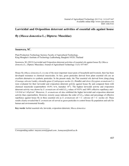 Larvicidal and Oviposition Deterrent Activities of Essential Oils Against House Fly (Musca Domestica L.; Diptera: Muscidae)