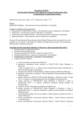 Protokół Nr IX/2015 Z IX Sesji Rady Miejskiej, Która Odbyła Się W Dniu 29 Października 2015R