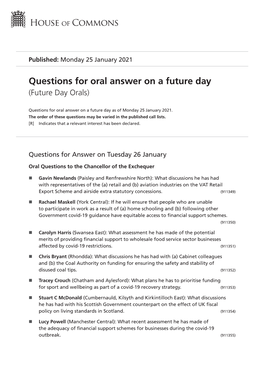 Future Oral Questions As of Mon 25 Jan 2021