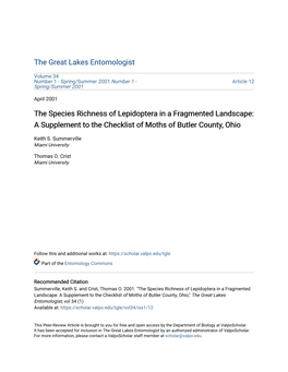 The Species Richness of Lepidoptera in a Fragmented Landscape: a Supplement to the Checklist of Moths of Butler County, Ohio