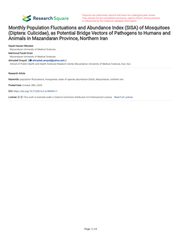 Of Mosquitoes (Diptera: Culicidae), As Potential Bridge Vectors of Pathogens to Humans and Animals in Mazandaran Province, Northern Iran