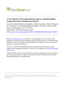A New Species of Pseudopaludicola (Anura: Leptodactylidae: Leiuperinae) from Northeastern Brazil