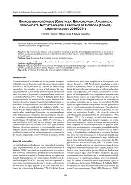 Grandes Branquiópodos (Crustacea: Branchiopoda: Anostraca, Spinicaudata, Notostraca) En La Provincia De Córdoba (España) (Año Hidrológico 2010/2011)