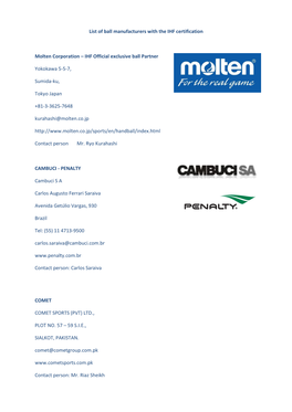 List of Ball Manufacturers with the IHF Certification Molten Corporation