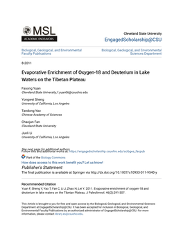 Evaporative Enrichment of Oxygen-18 and Deuterium in Lake Waters on the Tibetan Plateau