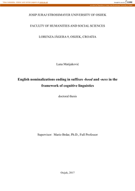 English Nominalizations Ending in Suffixes -Hood and -Ness in the Framework of Cognitive Linguistics