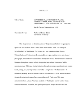 Contested Play and Clean Water: Mcmillan Park, Race, and the Built Environment in Washington, D.C., 1900-1941