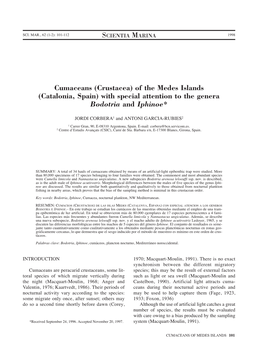 Cumaceans (Crustacea) of the Medes Islands (Catalonia, Spain) with Special Attention to the Genera Bodotria and Iphinoe*