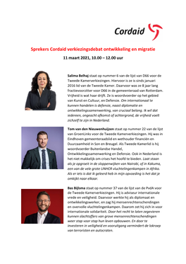 Sprekers Cordaid Verkiezingsdebat Ontwikkeling En Migratie 11 Maart 2021, 10.00 – 12.00 Uur