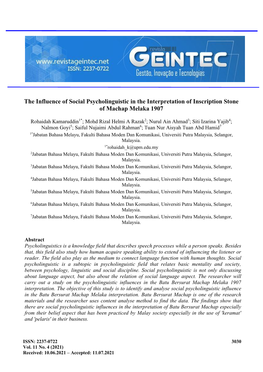 The Influence of Social Psycholinguistic in the Interpretation of Inscription Stone of Machap Melaka 1907