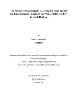 The Politics of Megaprojects: Assessing the Socio-Spatial and Environmental Impacts of the Proposed Dig-Out Port in South Durban