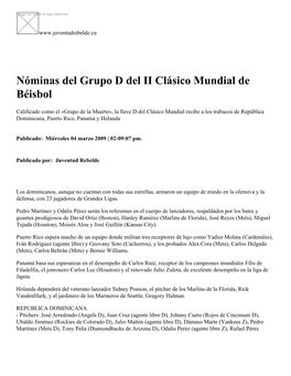 Nóminas Del Grupo D Del II Clásico Mundial De Béisbol