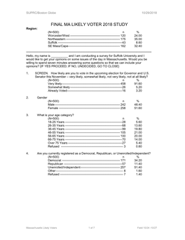 FINAL MA LIKELY VOTER 2018 STUDY Region: (N=500) N % Worcester/West ------120 24.00 Northeastern ------175 35.00 Suffolk ------43 8.60 SE Mass/Cape------162 32.40