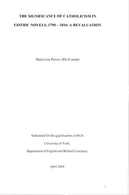 The Significance of Catholicism in Gothic Novels, 1790 -1816