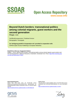 Beyond Dutch Borders: Transnational Politics Among Colonial Migrants, Guest Workers and the Second Generation Mügge, Liza