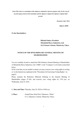 Notice of the 85Th Ordinary General Meeting of Shareholders (234KB)