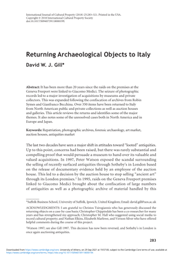 Returning Archaeological Objects to Italy David W