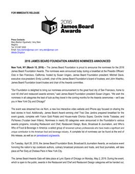 2016 James Beard Foundation Awards Nominees Announced