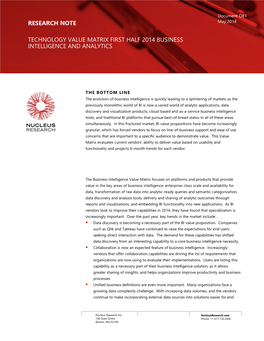 Research Note Technology Value Matrix First Half 2014 Business Intelligence and Analytics