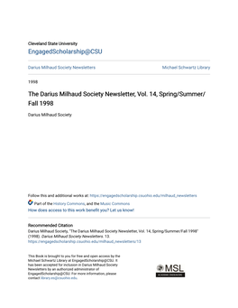 The Darius Milhaud Society Newsletter, Vol. 14, Spring/Summer/ Fall 1998