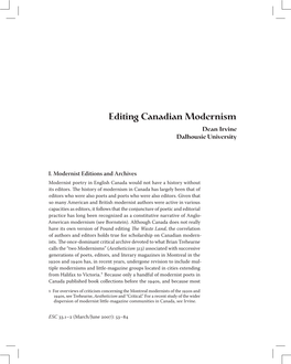 Editing Canadian Modernism Dean Irvine Dalhousie University