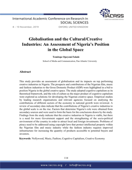 Globalisation and the Cultural/Creative Industries: an Assessment of Nigeria’S Position in the Global Space